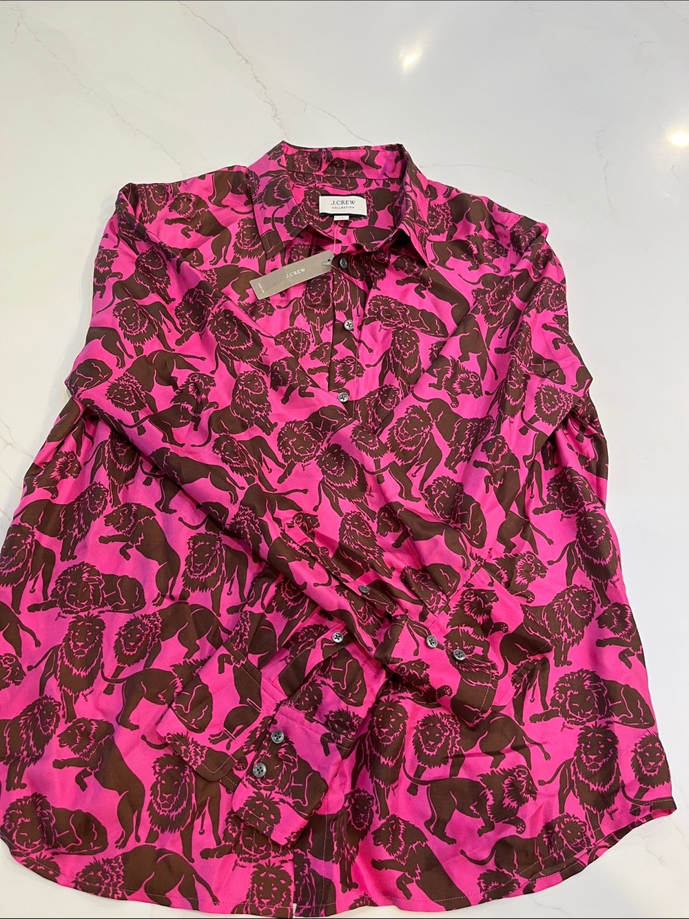 J. Crew Collection 100%silk Hot Pink Button-Up Blouse with Brown Lion Print